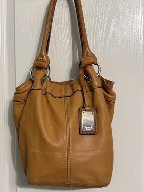 Tignanello Cognac Brown Leather Hobo Shoulder Bag Silver Hardware